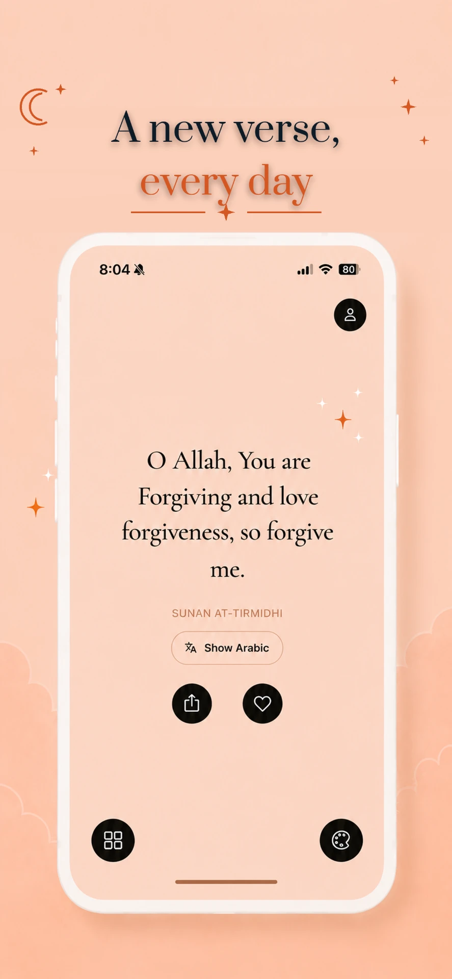 A new verse every day in Noor, shown in English with a Show Arabic toggle