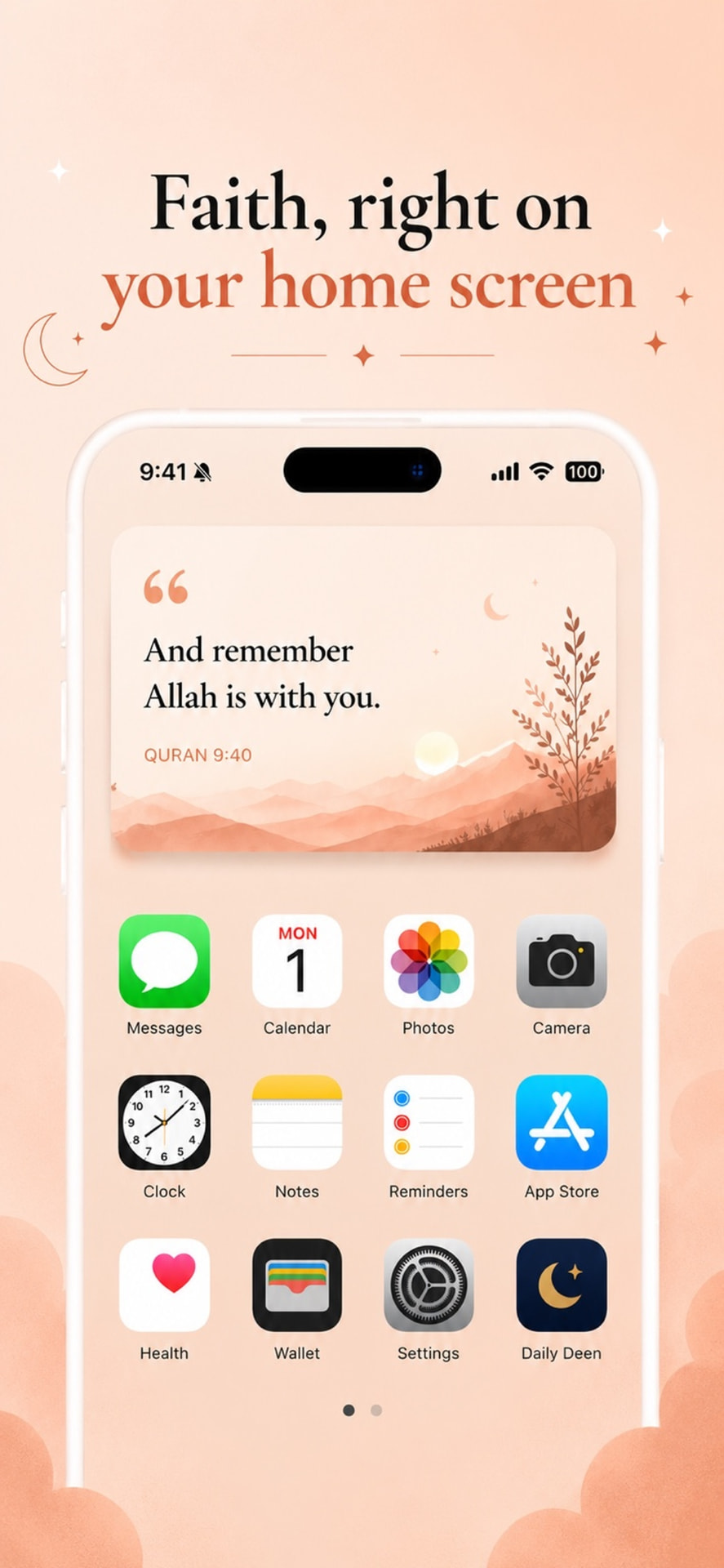Noor home-screen widget with a verse on an iPhone home screen